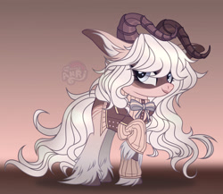 Size: 1280x1112 | Tagged: safe, artist:emperor-anri, oc, oc only, pony, bow, bowtie, clothes, colored hooves, ear fluff, female, horns, long ears, mare, raised hoof, ram horns, smiling, solo, unshorn fetlocks, white hair