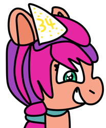Size: 814x981 | Tagged: safe, artist:jadeharmony, sunny starscout, earth pony, pony, g5, birthday, bust, cute, female, grin, hat, mare, party hat, simple background, smiling, solo, sunnybetes, transparent background, vanessa hudgens