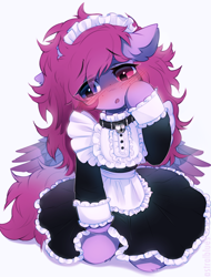 Size: 1842x2421 | Tagged: safe, artist:astralblues, oc, oc only, oc:veen, pegasus, pony, :o, bell, bell collar, blushing, clothes, collar, commission, ear fluff, eye clipping through hair, eyebrows, eyebrows visible through hair, female, freckles, heterochromia, hoof on face, kneeling, maid, maid headdress, mare, no nose, open mouth, pegasus oc, simple background, solo, white background