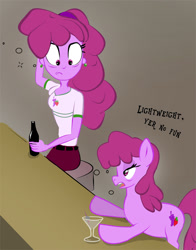Size: 863x1099 | Tagged: safe, artist:ltrm35a2, berry punch, berryshine, earth pony, human, pony, equestria girls, g4, alcohol, bar, bottle, confused, drinking, drunk, equestria girls-ified, female, human ponidox, mare, martini glass, self paradox, self ponidox, text