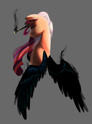 Size: 1468x1968 | Tagged: safe, artist:aztrial, sunny starscout, alicorn, pony, g5, alternate universe, bad end, corrupted, evil, evil grin, female, fire, gray background, grin, mare, race swap, simple background, smiling, smoke, solo, sunnycorn