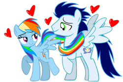 Size: 1350x895 | Tagged: safe, artist:mlplary6, rainbow dash, soarin', pegasus, pony, g4, boyfriend and girlfriend, duo, female, heart, looking at each other, looking at someone, male, mare, seduction, ship:soarindash, shipping, simple background, smiling, smiling at each other, stallion, straight, tail, tail seduce, transparent background, vector