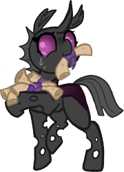 Size: 783x1087 | Tagged: safe, artist:nootaz, oc, oc only, changeling, commission, cute, cuteling, mouth hold, purple changeling, scroll, simple background, solo, transparent background