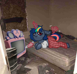Size: 756x724 | Tagged: safe, artist:nootaz, oc, oc:minnie static, pony, unicorn, clothes, floppy ears, hand, irl, magic, magic hands, mattress, photo, ponies in real life, remote, solo, television