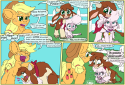 Size: 1584x1080 | Tagged: safe, artist:firefanatic, applejack, arizona (tfh), pom (tfh), cow, earth pony, lamb, pony, sheep, them's fightin' herds, g4, applejack's hat, chest fluff, comic, community related, cowboy hat, dialogue, fence, fluffy, hat, talking