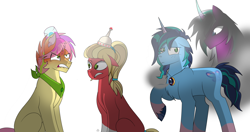 Size: 4200x2220 | Tagged: safe, artist:ectttan, misty brightdawn, opaline arcana, posey bloom, sprout cloverleaf, alicorn, earth pony, pony, unicorn, g5, alternate hairstyle, angry, confused, dew daybreak, evil, eye clipping through hair, female, frown, group, high res, jewelry, male, male alicorn, mare, necklace, peony blossom, quartet, raised hoof, rule 63, sapling trefoil, scared, simple background, sitting, stallion, straight hair, white background, zane arcana