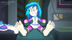 Size: 8000x4500 | Tagged: safe, alternate version, artist:metalhead97, dj pon-3, vinyl scratch, human, equestria girls, g4, my little pony equestria girls: better together, annoyed, barefoot, bondage, bondage cuffs, bondage gear, breasts, chair, clothes, cuffs, feet, female, fetish, foot fetish, foot focus, gritted teeth, indoors, laboratory, ponytail, reclining, shoes, short hair, sitting, solo, teeth, worried