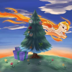 Size: 4096x4096 | Tagged: safe, artist:felldeal, flare (g5), pegasus, pony, series:daily drawing december, g5, christmas, dawn, holiday, sunset, tree