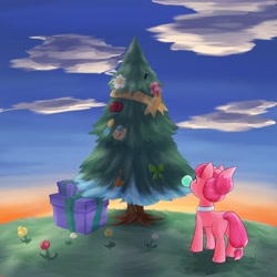 Size: 4096x4096 | Tagged: safe, artist:felldeal, sweets (g5), earth pony, pony, series:daily drawing december, g5, bubblegum, christmas, christmas tree, cloud, female, flower, food, gum, holiday, looking up, magic wand, mare, present, ribbon, tree