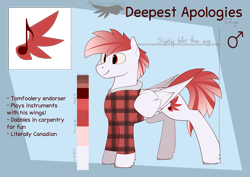 Size: 7017x4960 | Tagged: safe, artist:renderpoint, oc, oc only, oc:deepest apologies, pegasus, pony, clothes, concave belly, folded wings, male, redesign, reference sheet, slender, solo, stallion, text, thin, wings