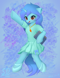 Size: 1703x2221 | Tagged: safe, artist:speedy dashie, oc, oc only, oc:zerol acqua, unicorn, semi-anthro, abstract background, arm hooves, book, clothes, cute, dress, female, jewelry, necklace, shoes, solo