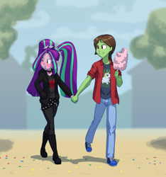 Size: 5474x5841 | Tagged: safe, artist:carnifex, aria blaze, oc, oc:tokamak, human, comic:we will be adored, equestria girls, g4, alternate clothes, canon x oc, cotton candy, duo, female, holding hands, humanized, humanized oc, male, shipping, straight, tokamaria, tsundaria, tsundere, walking