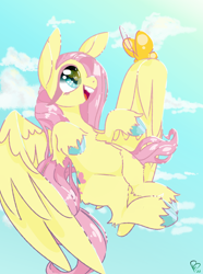 Size: 900x1210 | Tagged: safe, artist:pagophasia, derpibooru exclusive, fluttershy, butterfly, pegasus, pony, g4, cloud, colored hooves, cute, day, eye reflection, female, flying, impossibly long eyelashes, looking up, open mouth, open smile, reflection, shyabetes, smiling, solo, teeth, unshorn fetlocks