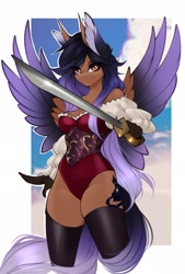 Size: 1383x2048 | Tagged: safe, artist:u_lu_lu, oc, oc:alexus nictivia, hybrid, pegasus, anthro, clothes, corset, female, hybrid oc, pegasus oc, pirate, solo, spread wings, stockings, sword, thigh highs, weapon, wings