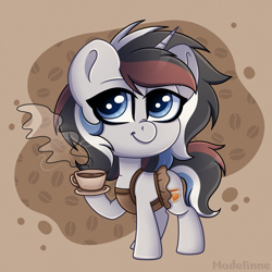 Size: 2000x2000 | Tagged: safe, artist:madelinne, oc, oc only, oc:soothing song, pony, unicorn, chibi, clothes, coffee, coffee mug, commission, high res, maid, mug, solo