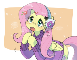 Size: 2601x2022 | Tagged: safe, artist:fuyugi, fluttershy, pegasus, pony, g4, blushing, breath, clothes, cute, earmuffs, female, high res, hooves together, mare, moe, open mouth, shyabetes, solo, sweater, sweatershy