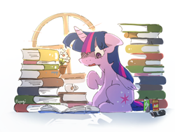 Size: 3200x2400 | Tagged: safe, artist:fuyugi, twilight sparkle, alicorn, pony, g4, book, can, cup, energy drink, female, floppy ears, flower, folded wings, high res, horn, mare, one eye closed, open mouth, pile of books, reading, signature, sitting, solo, teacup, twilight sparkle (alicorn), window, wings