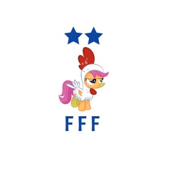 Size: 720x720 | Tagged: safe, scootaloo, bird, chicken, pegasus, pony, g4, football, france, scootachicken, simple background, solo, sports, white background