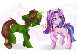 Size: 3508x2480 | Tagged: safe, artist:falafeljake, aria blaze, oc, oc:tokamak, earth pony, pony, unicorn, comic:we will be adored, g4, canon x oc, duo, duo male and female, eyes closed, female, floppy ears, flower, high res, male, shipping, straight, tokamaria