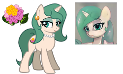 Size: 1500x898 | Tagged: safe, ai assisted, ai content, ai reference, artist:raini-bases, artist:zeka10000, generator:thisponydoesnotexist, oc, oc only, oc:lantana camara, pony, unicorn, base used, beads, cutie mark, ear piercing, earring, female, jewelry, looking at you, makeup, mare, piercing, simple background, smiling, solo, standing, transparent background
