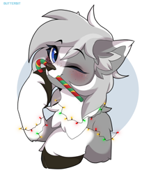 Size: 1200x1400 | Tagged: safe, artist:butterbit, oc, oc only, oc:silverlining, deer, deer pony, original species, pony, bust, candy, candy cane, christmas, christmas lights, cute, food, holiday, simple background, solo, white background