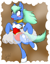 Size: 2416x3072 | Tagged: safe, artist:dashingjack, oc, oc:brainstorm, semi-anthro, arm hooves, clothes, cookie, crossdressing, food, gingerbread (food), gingerbread man, high res, leotard, solo, tickling, tutu