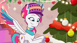 Size: 3072x1727 | Tagged: safe, screencap, zipp storm, pegasus, pony, g5, my little pony: tell your tale, secret canter, spoiler:g5, spoiler:my little pony: tell your tale, spoiler:tyts01e40, christmas, christmas tree, female, flying, high res, holiday, mare, smiling, solo, spread wings, tree, wings, youtube link