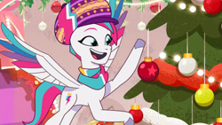 Size: 3072x1727 | Tagged: safe, screencap, zipp storm, pegasus, pony, g5, my little pony: tell your tale, secret canter, spoiler:g5, spoiler:my little pony: tell your tale, spoiler:tyts01e40, christmas, christmas tree, female, flying, high res, holiday, mare, open mouth, open smile, smiling, solo, spread wings, tree, wings, youtube link