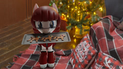 Size: 1024x576 | Tagged: safe, artist:dracagon, oc, oc only, oc:seranae, pony, 3d, christmas, christmas tree, gingerbread (food), holiday, mouth hold, present, solo, tray, tree