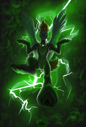 Size: 1500x2200 | Tagged: safe, artist:jehr, lightning dust, pegasus, pony, g4, angry, angry smile, elements of harmony, green, green background, grin, hooves, lightning, smiling, solo