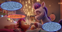 Size: 1155x605 | Tagged: safe, edit, edited screencap, editor:korora, screencap, argyle starshine, sunny starscout, earth pony, pony, g5, my little pony: a new generation, spoiler:my little pony: a new generation, 3d, bed, cropped, cute, dialogue, filly, filly sunny starscout, glasses, implied derpy, implied dinky, implied lemon hearts, implied lyra, implied minuette, implied moondancer, implied twilight sparkle, implied twinkleshine, punctuation error, speech bubble, sunnybetes, younger