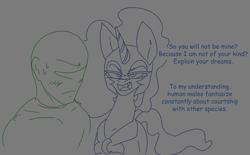 Size: 2020x1251 | Tagged: safe, artist:2hrnap, nightmare moon, oc, oc:anon, alicorn, human, g4, dialogue, duo, gray background, implied straight, lineart, ponybooru import, simple background