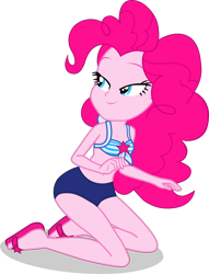 Size: 1110x1456 | Tagged: safe, alternate version, artist:dustinwatsongkx, pinkie pie, human, equestria girls, g4, accessory swap, bare shoulders, bikini, clothes, clothes swap, eyebrows, female, kneeling, lidded eyes, looking up, sandals, sci-twi swimsuit, simple background, sleeveless, smiling, solo, swimsuit, swimsuit swap, transparent background
