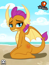 Size: 1920x2580 | Tagged: safe, artist:theminus, smolder, dragon, g4, beach, blushing, butt blush, dragoness, female, looking at you, smiling, smiling at you, solo