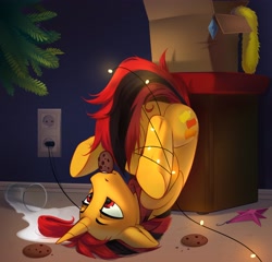 Size: 3545x3408 | Tagged: safe, artist:taneysha, oc, oc only, oc:selest light, pony, unicorn, box, butt, christmas, christmas lights, christmas tree, cookie, electrical outlet, eyes open, featureless crotch, food, high res, holiday, horn, male, male oc, milk, plot, pony oc, red eyes, silly, silly pony, solo, spilled milk, stallion, stallion oc, tree, unicorn oc, upside down