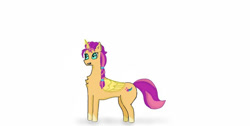 Size: 640x322 | Tagged: safe, artist:nismorose, sunny starscout, alicorn, earth pony, pony, g5, my little pony: a new generation, my little pony: tell your tale, chest fluff, ear fluff, female, glowing, glowing hooves, glowing horn, glowing wings, horn, mare, ponytail, simple background, smiling, solo, white background, wings
