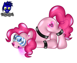 Size: 3519x2884 | Tagged: safe, artist:damlanil, pinkie pie, earth pony, latex pony, original species, pony, g4, bdsm, bondage, close-up, clothes, collar, cuffs, encasement, female, gas mask, heart, high res, hypnogear, latex, living latex, mare, mask, mind control, restrained, rubber, rubber drone, rubber suit, shiny, shiny mane, show accurate, simple background, solo, story, story included, transformation, transparent background, vector, visor