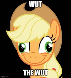 Size: 500x549 | Tagged: safe, derpibooru exclusive, edit, edited screencap, screencap, applejack, earth pony, pony, friendship is witchcraft, g4, black background, caption, derp, image macro, meme, simple background, smiling, solo, text