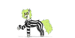 Size: 1639x828 | Tagged: safe, artist:nismorose, oc, oc:beetle, beetlejuice, clothes, costume, ear fluff, fanart, female, green eyes, green mane, green tail, grin, halloween, halloween costume, holiday, mare, necktie, nightmare night, nightmare night costume, pants, sharp teeth, shirt, simple background, smiling, solo, striped shirt, suit, tail, teeth, white background