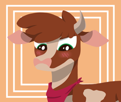 Size: 1799x1510 | Tagged: safe, artist:brehnya, arizona (tfh), cow, them's fightin' herds, arizonadorable, bandana, blushing, community related, cute, horn, looking down, simple background, solo