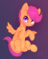 Size: 1631x2000 | Tagged: safe, artist:xbi, scootaloo, pegasus, pony, g4, blushing, cute, cutealoo, eye clipping through hair, eyebrows, eyebrows visible through hair, female, filly, foal, gradient background, mare, signature, solo, spread wings, wings