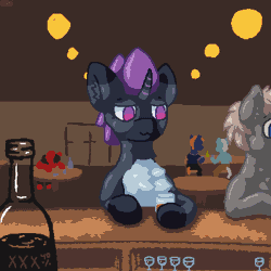 Size: 800x800 | Tagged: safe, artist:vohd, oc, oc only, oc:ex, oc:vohd, earth pony, pony, unicorn, :3, alcohol, animated, bar, bottle, chest fluff, clothes, drinking, gif, glass, lamp, long tongue, pants, pixel art, pushing, sitting, tongue out