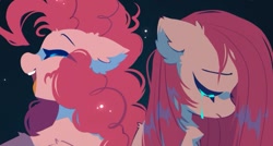 Size: 705x379 | Tagged: safe, artist:mirtash, pinkie pie, earth pony, pony, g4, chest fluff, crying, duality, duo, ear fluff, eyes closed, female, floppy ears, happy, mood contrast, open mouth, open smile, pinkamena diane pie, profile, sad, self paradox, self ponidox, smiling, teary eyes