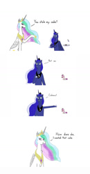 Size: 742x1426 | Tagged: safe, artist:nismorose, princess cadance, princess celestia, princess luna, alicorn, pony, g4, angry, blatant lies, cake, chest fluff, comic, crown, cutie mark, dialogue, ear fluff, ethereal mane, exploitable meme, female, food, horn, jewelry, levitation, lies, lying, magic, mare, meme, old meme, plate, regalia, shocked, shocked expression, siblings, simple background, sisters, sitting, smiling, sparkly mane, speech, spoon, spread wings, starry mane, talking, telekinesis, text, white background, wings