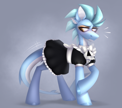 Size: 1826x1608 | Tagged: safe, artist:rtootb, oc, oc only, merpony, original species, pony, shark, shark pony, bow, clothes, cute, digital art, dress, embarrassed, female, fins, fish tail, four ears, gills, looking down, maid, maid headdress, mare, simple background, skirt, skirt suit, socks, solo, stockings, suit, tail, thigh highs