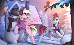 Size: 2500x1536 | Tagged: safe, artist:yakovlev-vad, oc, oc only, oc:bay breeze, oc:swift apex, pegasus, pony, squirrel, g4, beautiful, bow, broom, carrot, chimney, clothes, colored, cute, depth of field, duo, earmuffs, folded wings, food, green eyes, hoodie, house, lacrimal caruncle, looking at something, ocbetes, open mouth, pegasus oc, purple eyes, raised leg, scarf, slender, snow, snowfall, snowman, spread wings, sternocleidomastoid, sweater, tail, tail bow, thin, tree, two toned hair, two toned mane, two toned tail, wings, winter