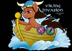 Size: 2444x1737 | Tagged: safe, artist:kyokimute, oc, oc only, oc:dioponi, earth pony, pony, 2015, coat of arms, convention, design, freckles, helmet, horned helmet, male, ocean, shield, shirt design, simple background, solo, stallion, viking, viking helmet, water, wave