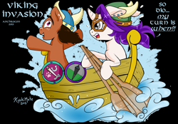 Size: 2455x1705 | Tagged: safe, artist:kyokimute, oc, oc only, oc:dioponi, oc:kyoponi, earth pony, pony, unicorn, 2015, arms spread out, black background, boat, coat of arms, convention, derp, design, dialogue, duo, ear piercing, faic, female, freckles, glasses, gray eyes, helmet, hoof hold, horned helmet, male, mare, oar, ocean, open mouth, paddle, paddling, piercing, shield, shirt design, simple background, stallion, sweat, sweatdrops, tablet pen, tongue out, uncial script, viking, viking helmet, water, wave