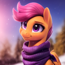 Size: 1280x1280 | Tagged: safe, ai assisted, ai content, editor:xbi, scootaloo, pegasus, pony, g4, clothes, female, mare, scarf, solo, winter