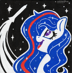 Size: 1768x1786 | Tagged: safe, artist:dandy, oc, oc only, oc:nasapone, earth pony, pony, acrylic painting, earth pony oc, limited palette, open mouth, rocket, solo, space, starry eyes, traditional art, wingding eyes